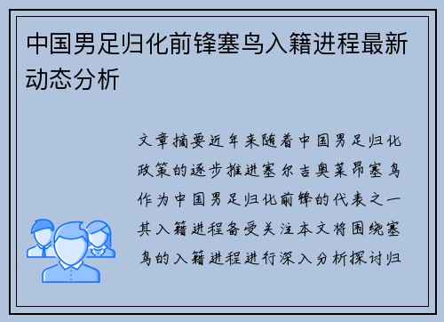 中国男足归化前锋塞鸟入籍进程最新动态分析